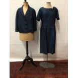 1960's blue dress suit, jacket is cropped with three buttons and bow detail.