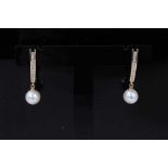 Pair 14ct gold cultured pearl and diamond pendant earring