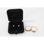 Diamond three stone ring, 9ct gold emerald and diamond seven stone ring and pair diamond stud earrin