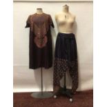 Ladies Vintage Indian Silk outfit comprising of tunic top and loose trousers with ankle cuffs. Tiny