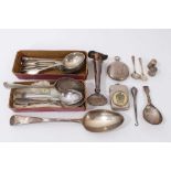 Georgian silver tablespoon and caddy spoon, silver compact case, other silver and plated items