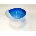 Contemporary art glass bowl by Ed Burke of E&M glass, half frosted and half blue with stepped rim, e
