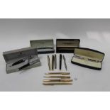Group fountain pens and biros including Parker, gold plated pens, Sheaffer, Waterman and Cross