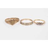 9ct gold heart signet ring, 9ct gold diamond set half eternity ring and 18ct gold diamond three ston