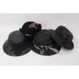 Three Edwardain navy straw hats plus one 1940's shaped felt hat with fabric Forget Me Knot flowers.