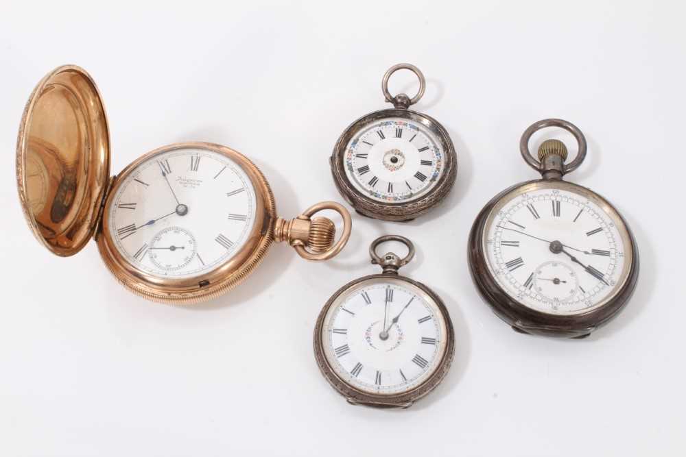 Unusual silver open faced pocket watch with stop watch function, together with two silver cased fob