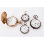Unusual silver open faced pocket watch with stop watch function, together with two silver cased fob