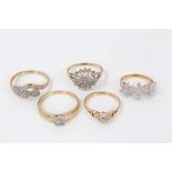 Five 9ct gold diamond cluster rings