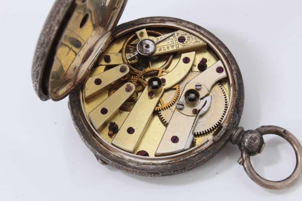 Unusual silver open faced pocket watch with stop watch function, together with two silver cased fob - Image 5 of 6