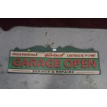 Wooden plaque with applied reproduction vinyl sign 'Castrol Garage Open', 102cm in length