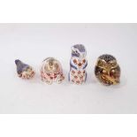 Four Royal Crown Derby paperweights including beaver and owl