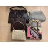 Small selection of vintage handbags including White mesh, snake skin, faux reptile skin, cigar box b