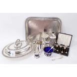 Cased set of six silver bean end coffee spoons, silver covered scent bottle, sugar basket and mustar