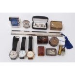 Three vintage wristwatches, 19th century tortoiseshell trinket bo, other boxes, clocks and items of