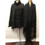 Victorian black silk and lace cape embellished with beading and ruffled ribbon edging. Black silk p
