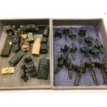 Selection of diecast unboxed military vehicles in various trays including, Dinky, Matchbox, Britains