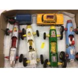 Four Tri-ang single seater racing car models and other cars