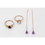 Pair 9ct gold amethyst and diamond threader earrings and two 9ct gold gem set rings