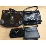 Designer Yuki black leather handbag plus a vintage black crocodile skin handbag, evening bag with be