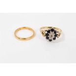 22ct gold wedding ring and 18ct gold sapphire and diamond cluster ring