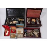 Two Victorian leather jewellery boxes containing antique and vintage jewellery together with other c