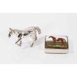 Silver trinket box with enamel plaque depicting a race horse, together with a miniature silver horse