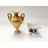 19th century English porcelain vase on matt yellow ground with gilt decoration together with a dish