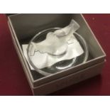 Lalique frosted glass paperweight, with engraved and printed label, doves on dished base, boxed