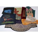 A box of Victorian and later fabric pieces, various sizes. Examples of embroidery, applique work, b
