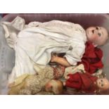 Two boxes of assorted dolls large and small. German bisque head doll, composite and plastic dolls