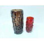 Large Whitefriars cinnamon textured bark vase, together with a small ruby textured bark vase