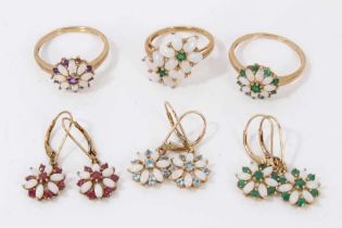 Three 9ct gold opal and gem set flower head rings and three pairs similar style 9ct gold earrings