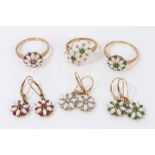 Three 9ct gold opal and gem set flower head rings and three pairs similar style 9ct gold earrings