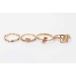Four Clogau 9ct gold rings to include Tree of Life diamond stacking ring, two other leaf rings and a