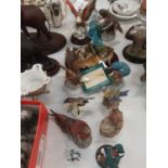 Collection of bird ornaments including Kingfisher by Sherratt and Simpson, other Kingfishers, Pheasa