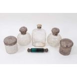 Pair silver topped cut glass scent bottles, two others, silver pot with cover and double ended scent