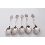 Five Edwardian and later silver Rifle Brigade teaspoons, (Sheffield 1909, 1910, 1912), maker Cooper