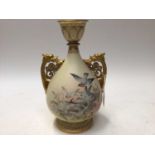Large Royal Worcester blush ivory vase finely painted with swallows