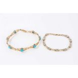 9ct gold turquoise bracelet and 9ct gold pale blue stone and diamond set bracelet