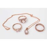 9ct rose gold gem set pendant on chain, together with a similar style ring and two other 9ct rose go