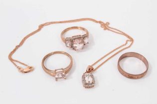 9ct rose gold gem set pendant on chain, together with a similar style ring and two other 9ct rose go