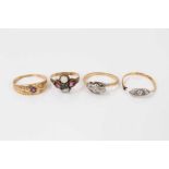 Antique 12ct gold gem set ring and three 18ct gold gem set rings (4)