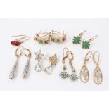 Seven pairs 9ct gold diamond and gem set earrings