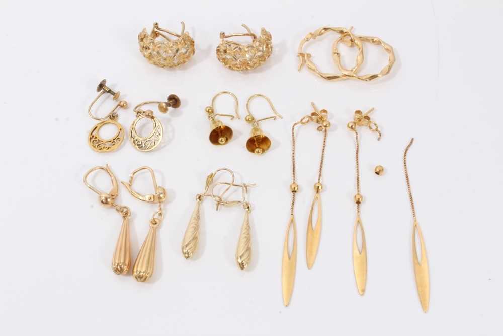 Seven pairs 9ct gold earrings including hoops, cuffs, drops and bells