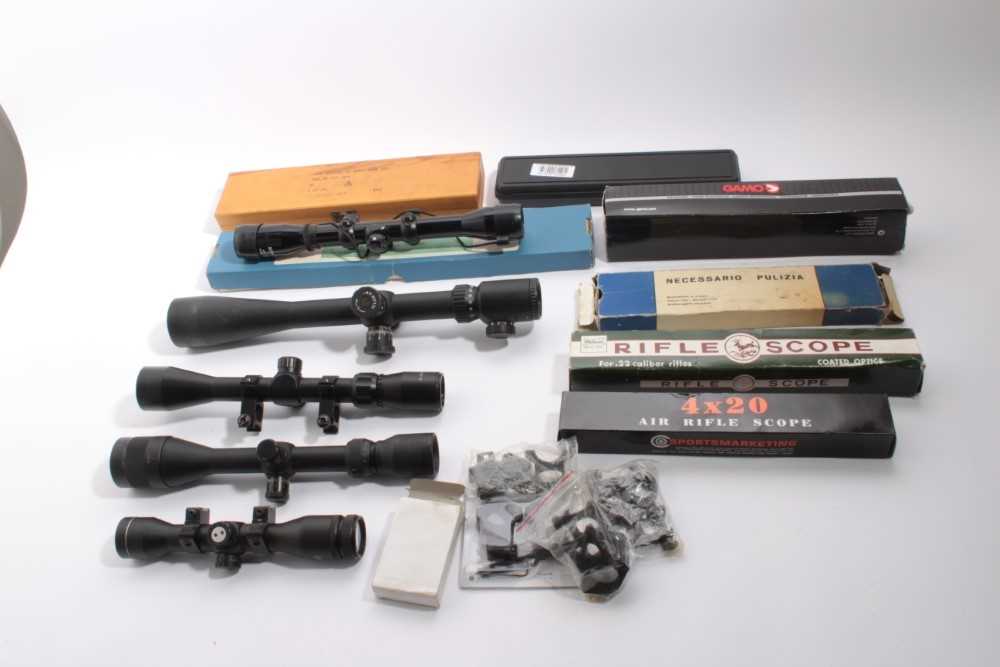 Collection of rifle telescopic sights and spotting scopes with fittings and lot gun cleaning kits