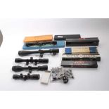 Collection of rifle telescopic sights and spotting scopes with fittings and lot gun cleaning kits