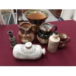 Doulton Lambeth stoneware items, including two silver mounted jugs, a small vase, a jardiniere, a fo