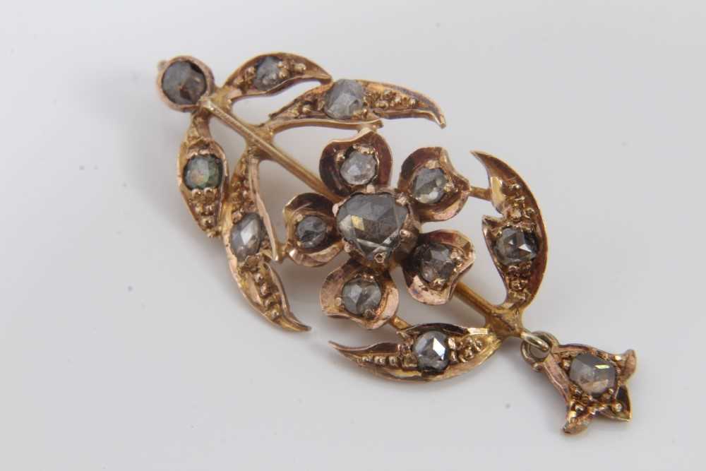 Antique rose cut diamond floral pendant on 18ct gold chain, Art Deco diamond bar brooch and 9ct gold - Image 2 of 6