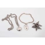 Silver Belcher chain with round silver locket, silver bracelet with padlock clasp and silver marcasi