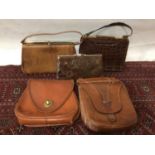 Selection of vintage handbags including crocodile skin, lizard skin, tan leather satchel style bags,